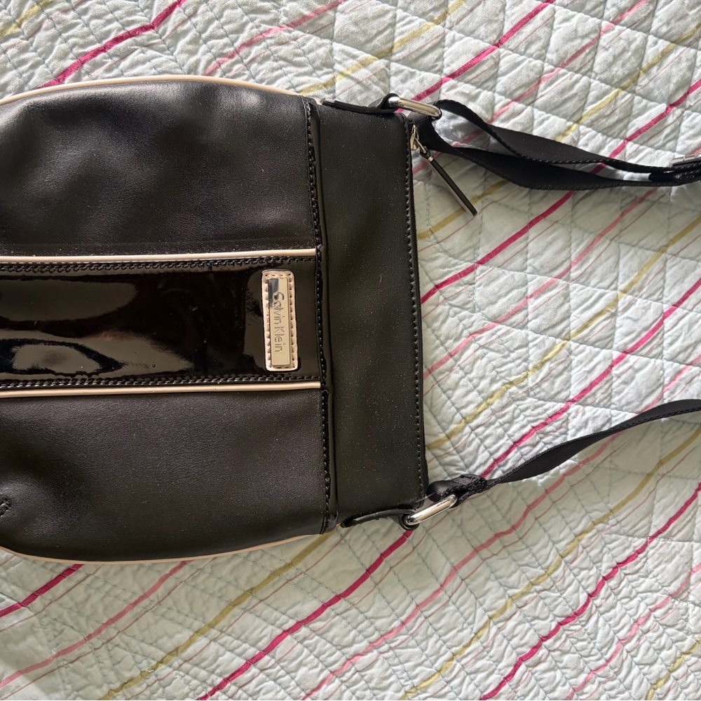 Calvin Klein Black Crossbody with Patent Center Stripe